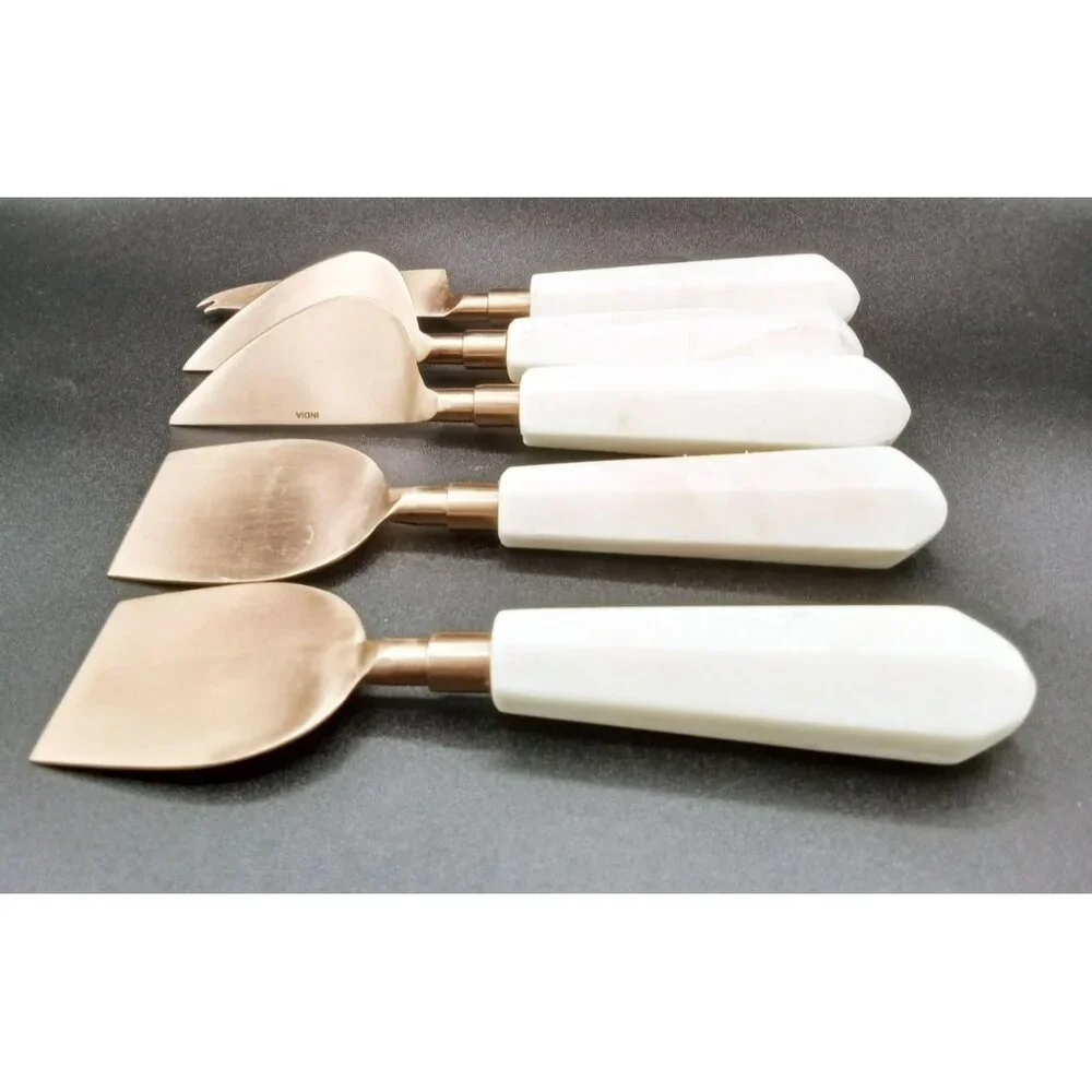 Cheese Knives Marble Handled Brass Toned Charcuterie India Vintage Set of 5